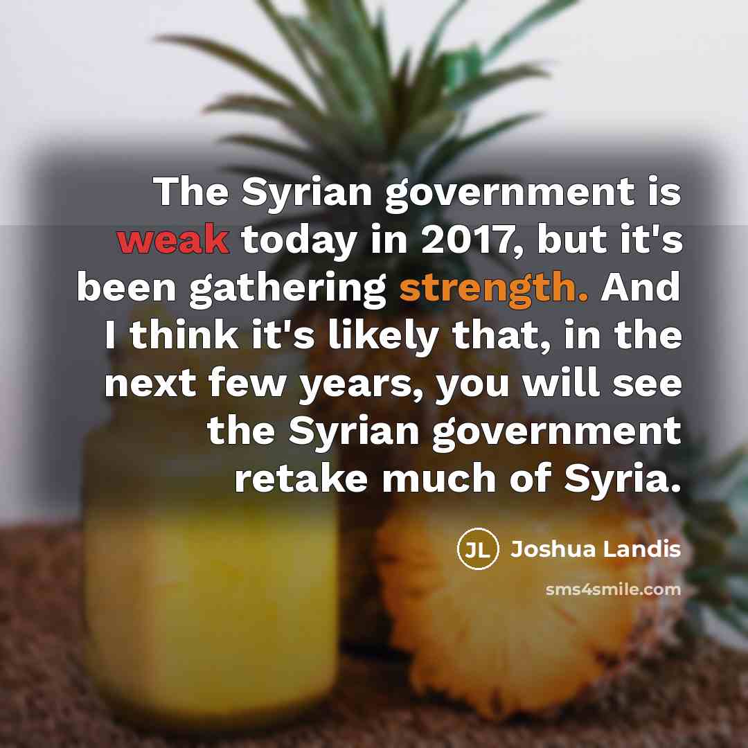 “The Syrian government is weak today in 2017, but it's been gathering strength. And I think it's likely that, in the next few years, you will see the Syrian government retake much of Syria.” quote by Joshua Landis