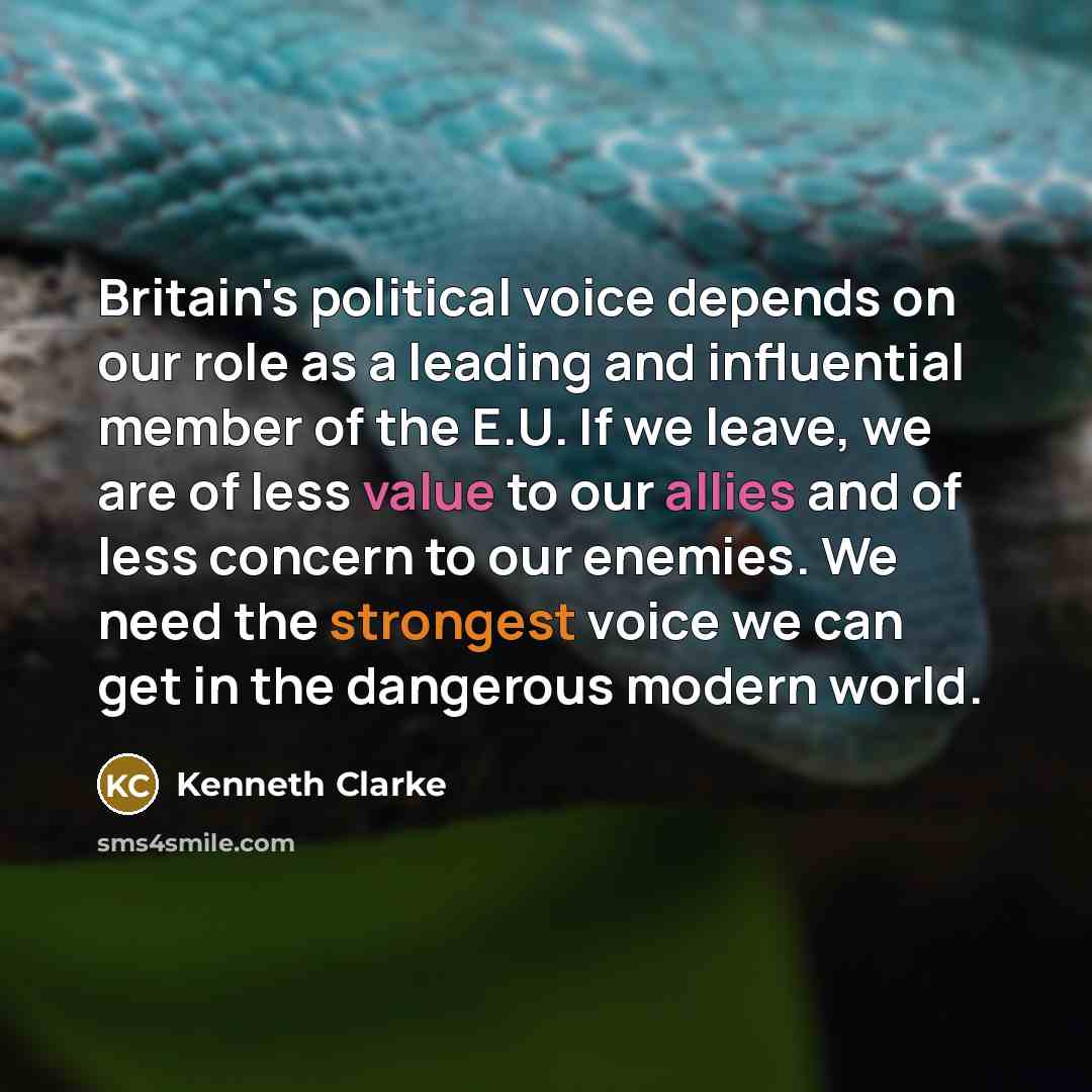 “Britain's political voice depends on our role as a leading and influential member of the E.U. If we leave, we are of less value to our allies and of less concern to our enemies. We need the strongest voice we can get in the dangerous modern world.” quote by Kenneth Clarke