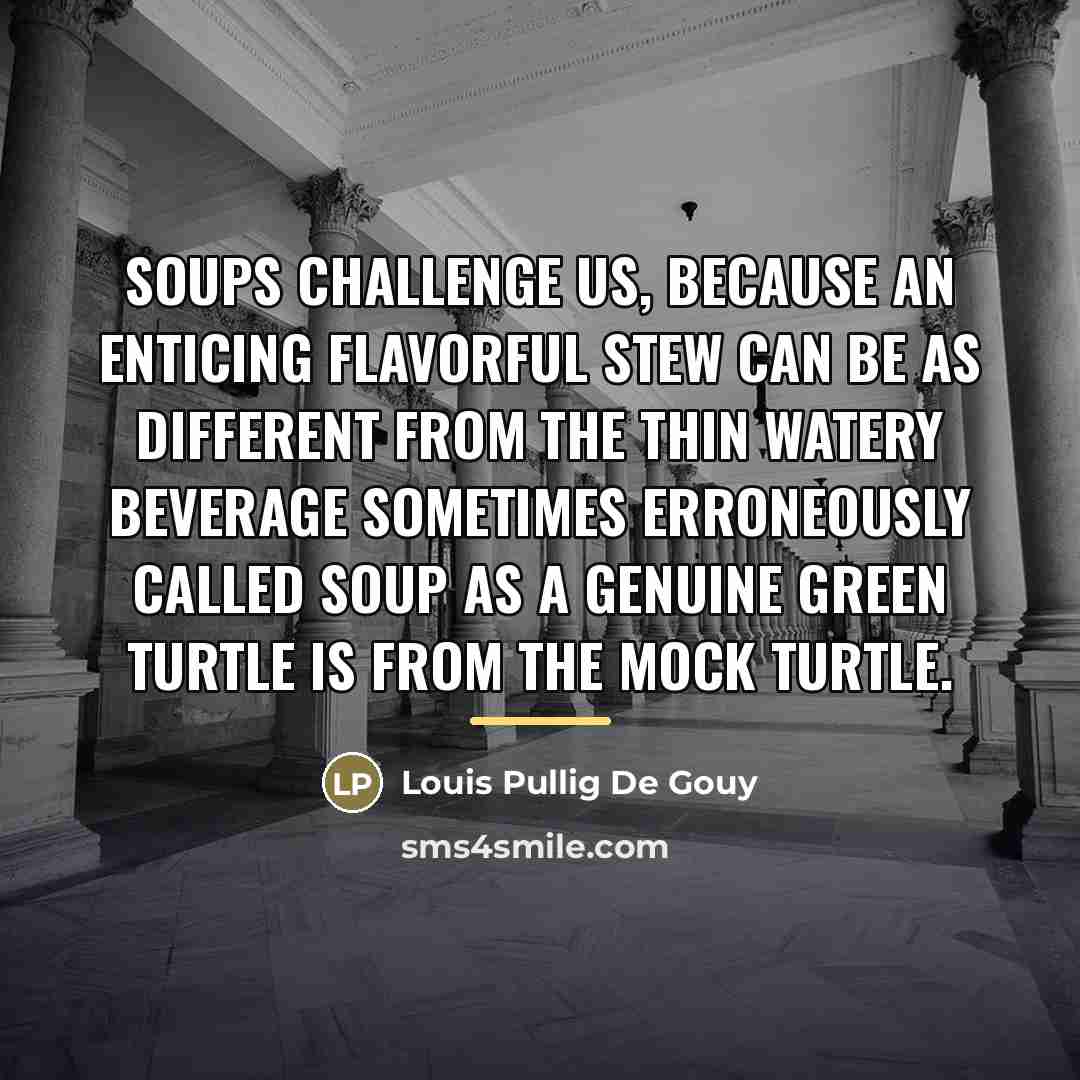 “Soups challenge us, because an enticing flavorful stew can be…” quote by Louis Pullig De Gouy