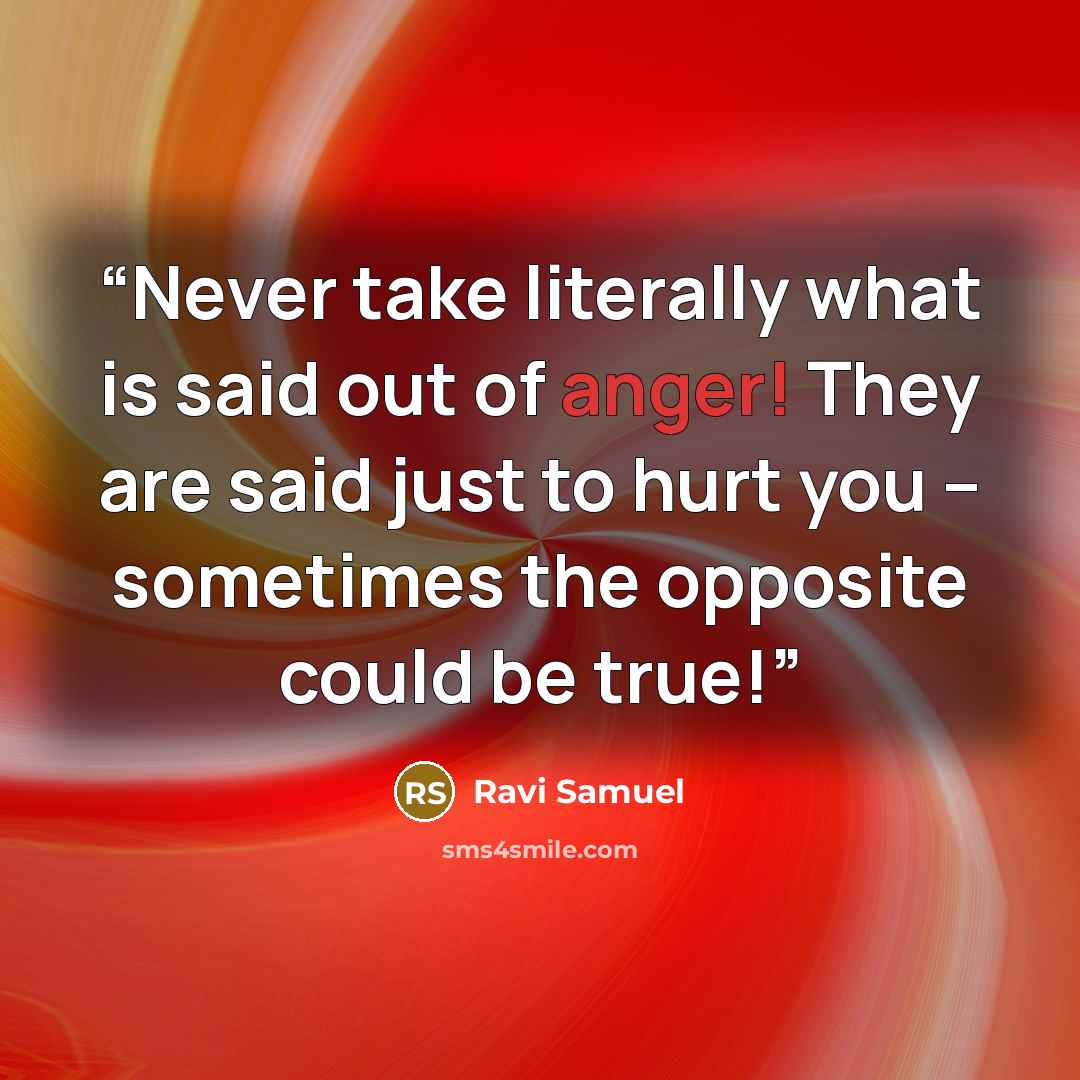 “Never take literally what is said out of anger! They are said just to hurt you – sometimes the opposite could be true!” quote by Ravi Samuel