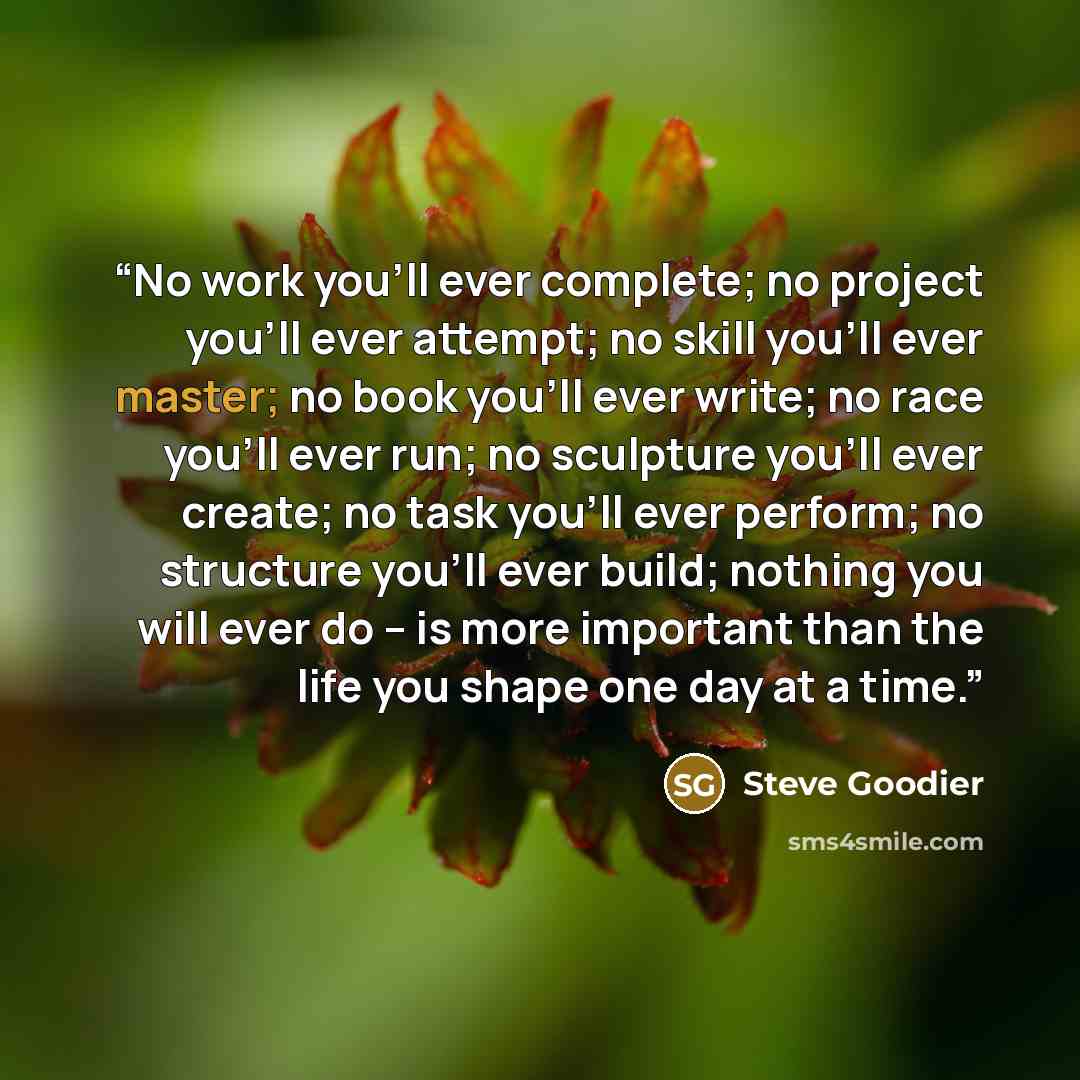 “No work you'll ever complete; no project you'll ever attempt; no skill you'll ever master; no book you'll ever write; no race you'll ever run; no sculpture you'll ever create; no task you'll ever perform; no structure you'll ever build; nothing you will ever do -- is more important than the life…” quote by Steve Goodier