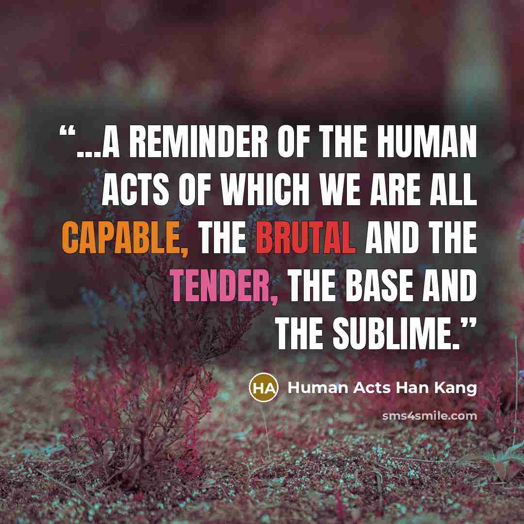 “...A reminder of the human acts of which we are all capable, the brutal and the tender, the base and the sublime.” quote by Human Acts Han Kang