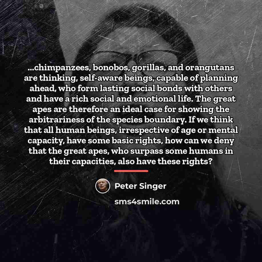 “...chimpanzees, bonobos, gorillas, and orangutans are thinking, self-aware beings, capable…” quote by Peter Singer