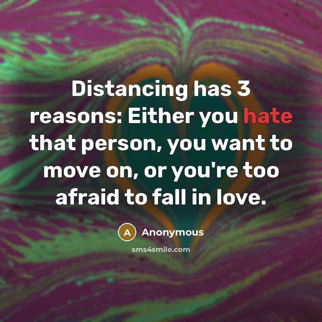 “Distancing has 3 reasons: Either you hate that person, you want to move on, or you're too afraid to fall in love.” quote by Anonymous