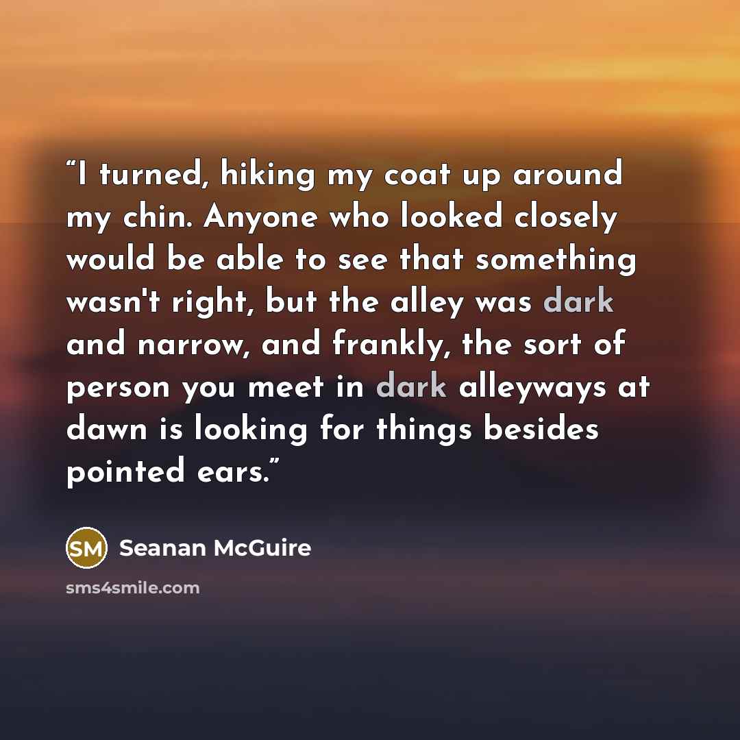 “I turned, hiking my coat up around my chin. Anyone who looked closely would be able to see that something wasn't right, but the alley was dark and narrow, and frankly, the sort of person you meet in dark alleyways at dawn is looking for things besides pointed ears.​” quote by Seanan McGuire