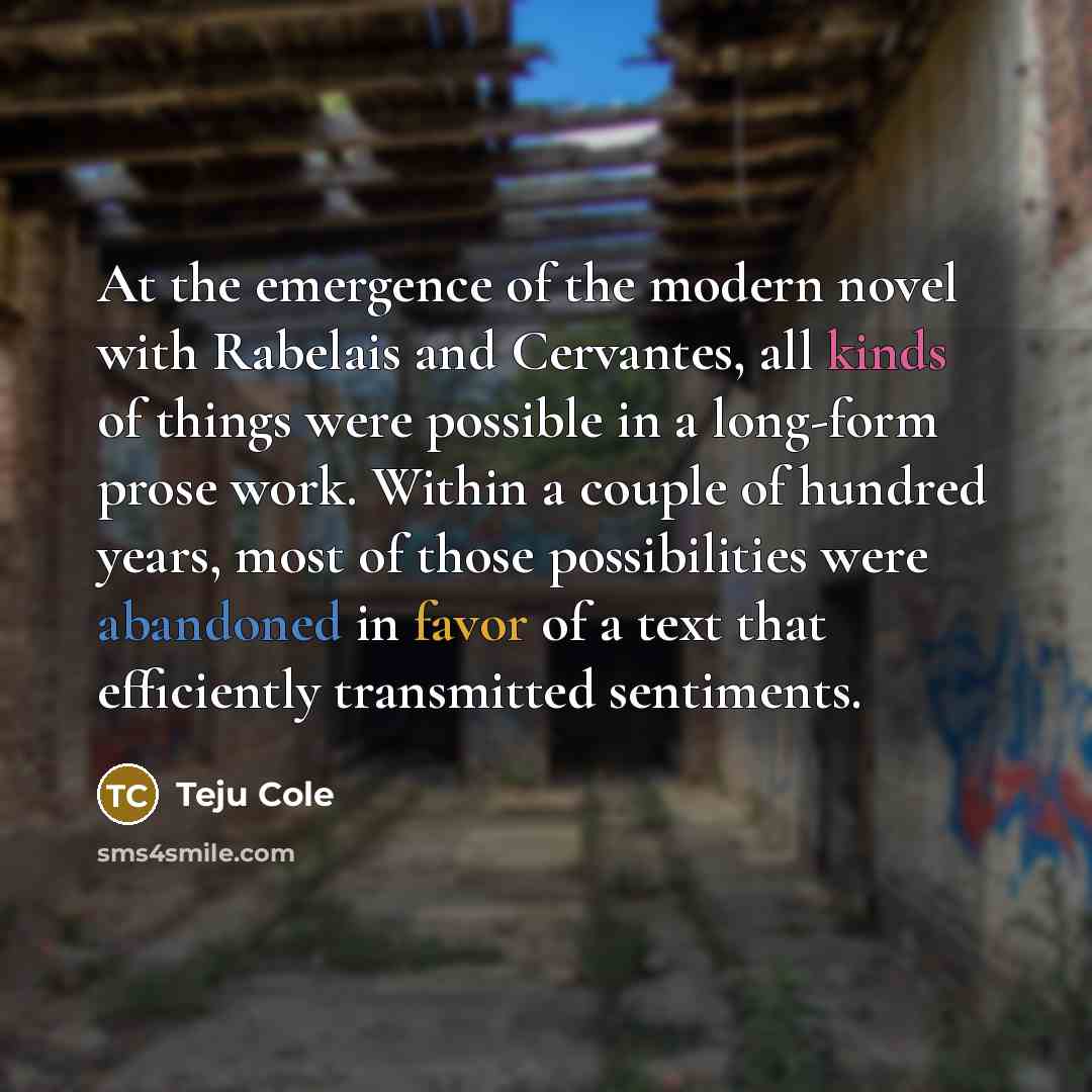 “At the emergence of the modern novel with Rabelais and…” quote by Teju Cole