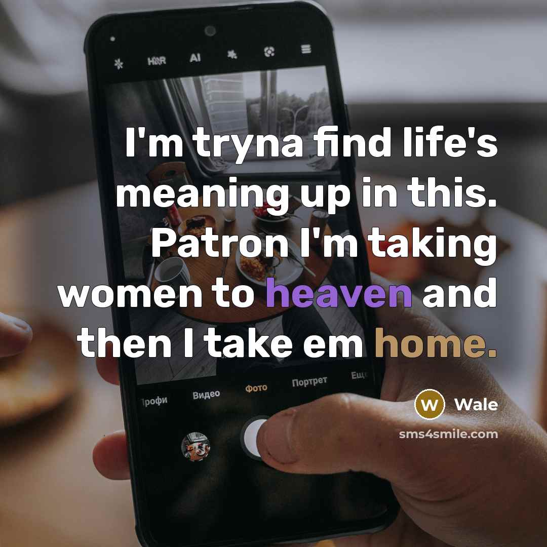 “I'm tryna find life's meaning up in this. Patron I'm taking women to heaven and then I take em home.” quote by Wale