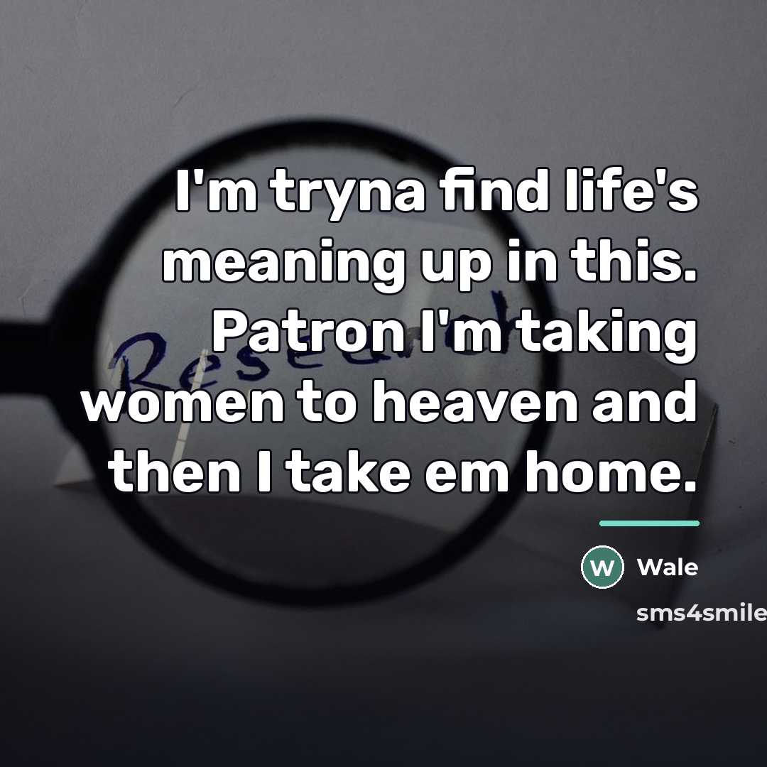 “I'm tryna find life's meaning up in this. Patron I'm…” quote by Wale