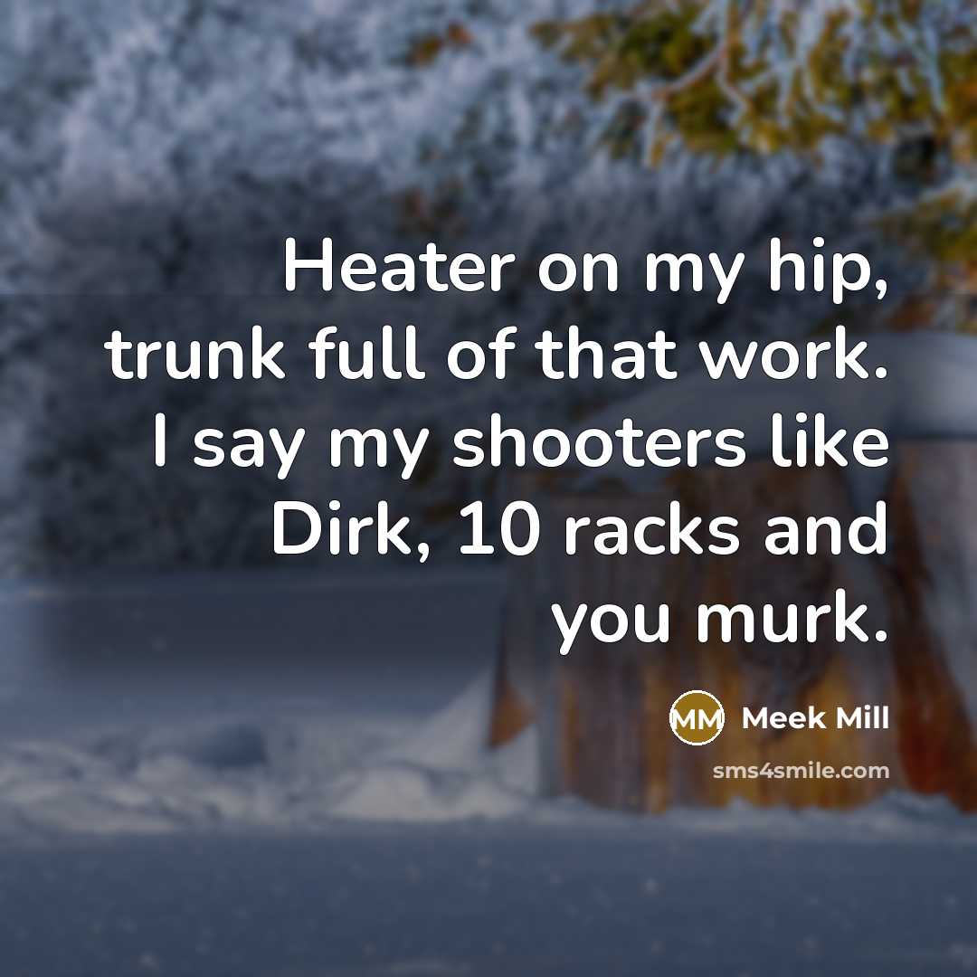“Heater on my hip, trunk full of that work. I say my shooters like Dirk, 10 racks and you murk.” quote by Meek Mill