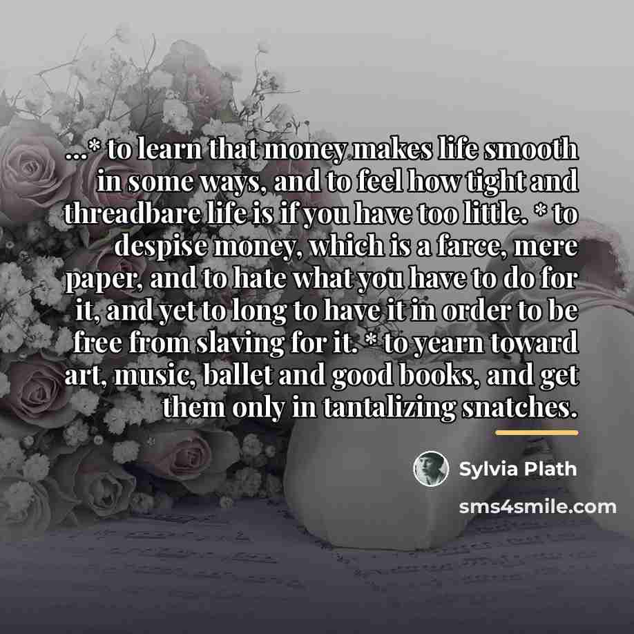 “* to learn that money makes life smooth in some…” quote by Sylvia Plath