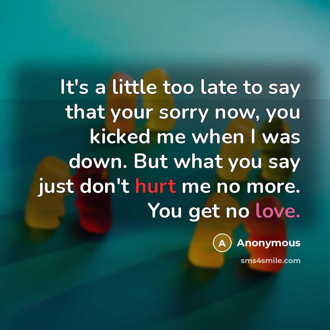 “It's a little too late to say that your sorry now, you kicked me when I was down. But what you say just don't hurt me no more. You get no love.” quote by Anonymous