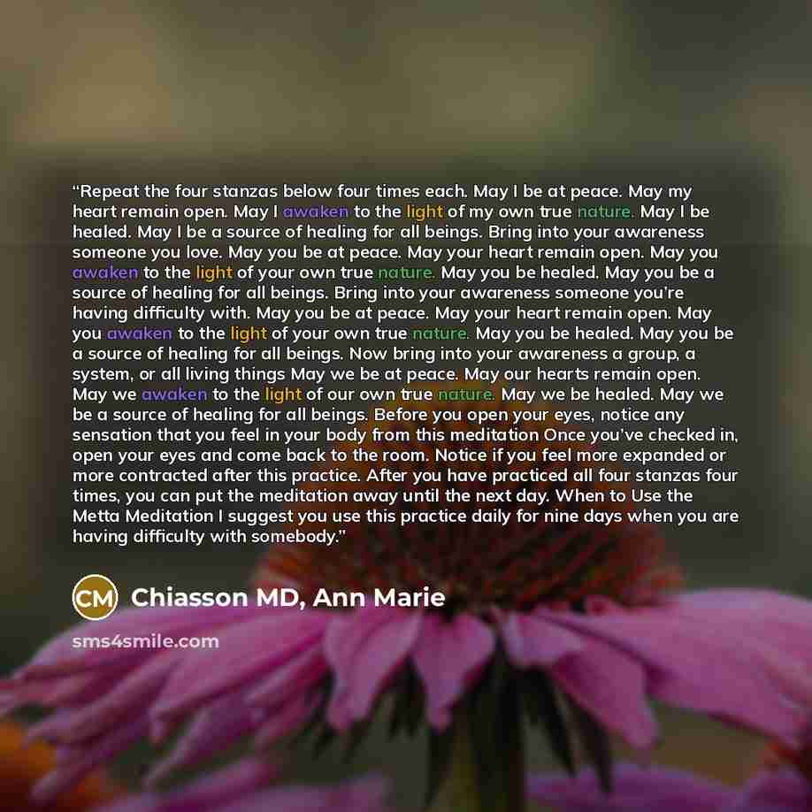 “Repeat the four stanzas below four times each. May I be at peace. May my heart remain open. May I awaken to the light of my own true nature. May I be healed. May I be a source of healing for all beings. Bring into your awareness someone you love. May you be at peace. May your heart remain open…” quote by Chiasson MD, Ann Marie