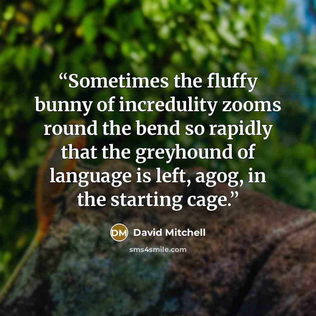 “Sometimes the fluffy bunny of incredulity zooms round the bend so rapidly that the greyhound of language is left, agog, in the starting cage.” quote by David Mitchell