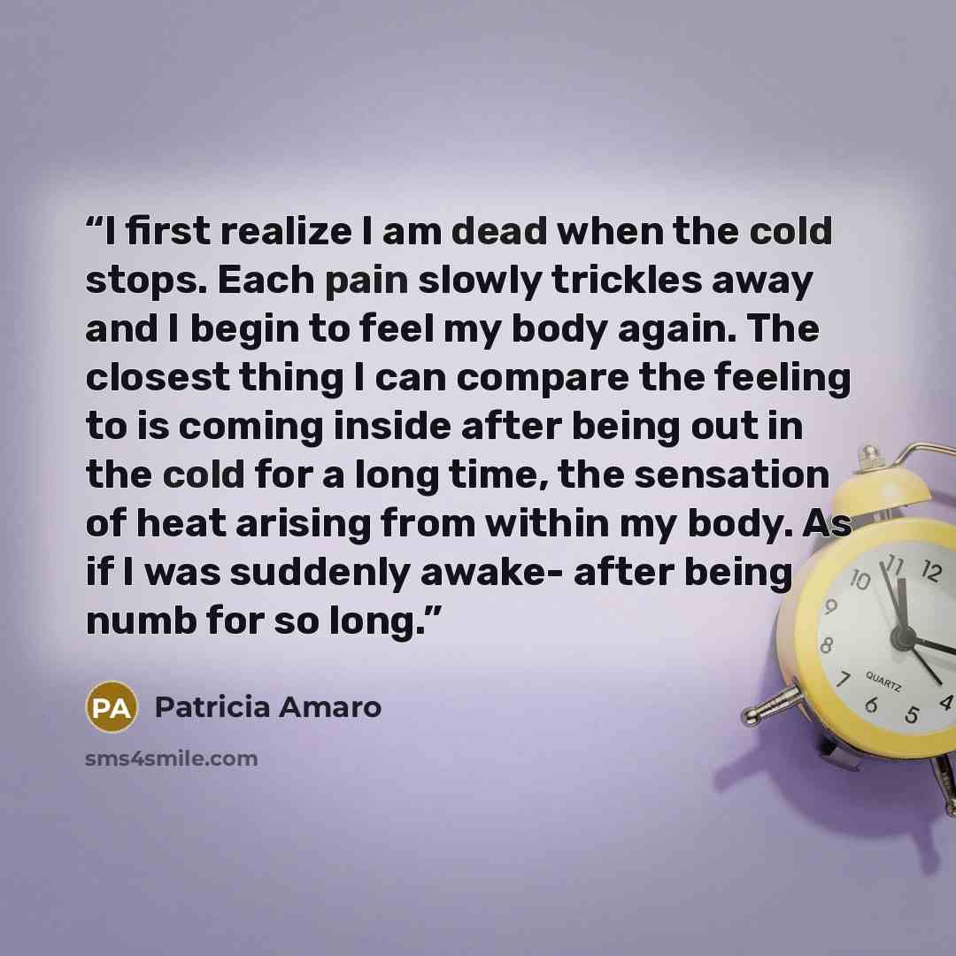 “I first realize I am dead when the cold stops. Each pain slowly trickles away and I begin to feel my body again. The closest thing I can compare the feeling to is coming inside after being out in the cold for a long time, the sensation of heat arising from within my body. As if I was suddenly…” quote by Patricia Amaro