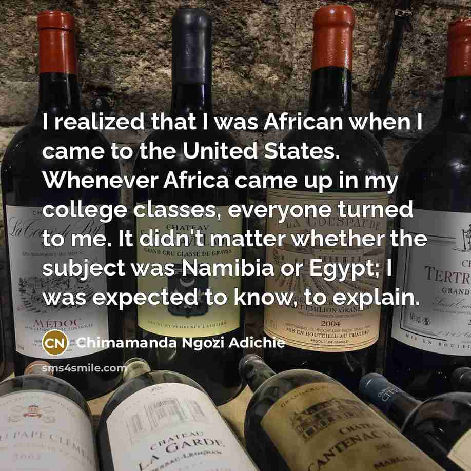 “I realized that I was African when I came to…” quote by Chimamanda Ngozi Adichie