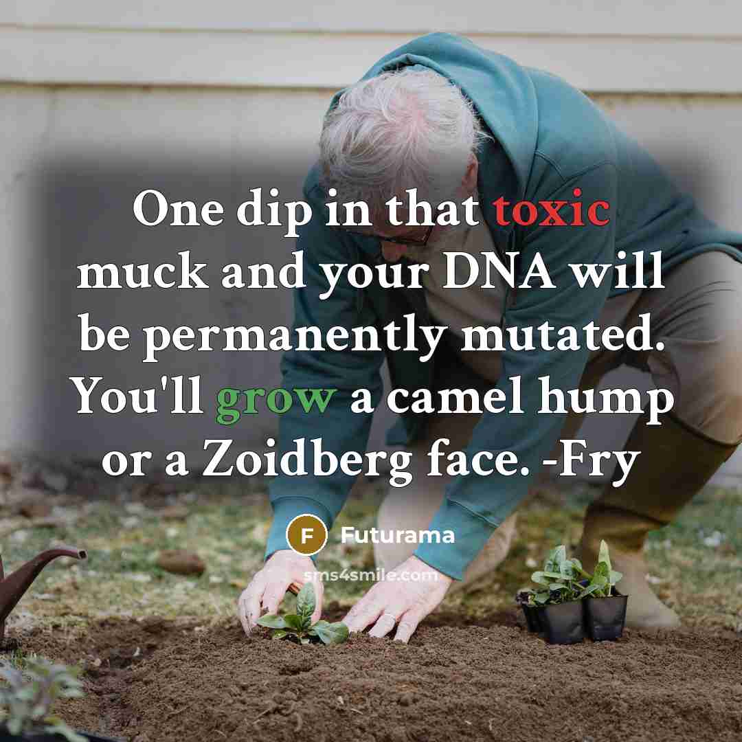 “One dip in that toxic muck and your DNA will be permanently mutated. You'll grow a camel hump or a Zoidberg face. -Fry” quote by Futurama