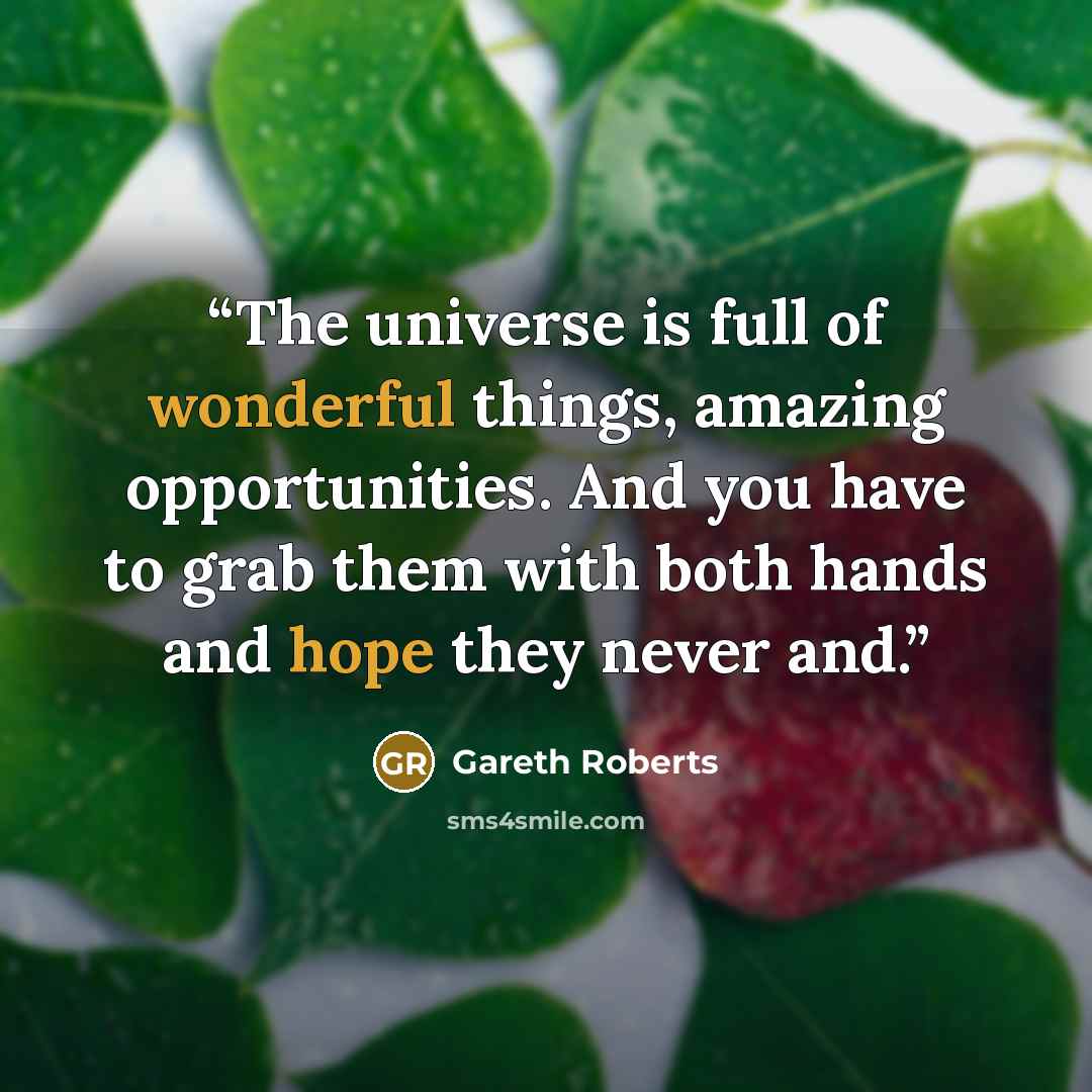 “The universe is full of wonderful things, amazing opportunities. And you have to grab them with both hands and hope they never and.” quote by Gareth Roberts