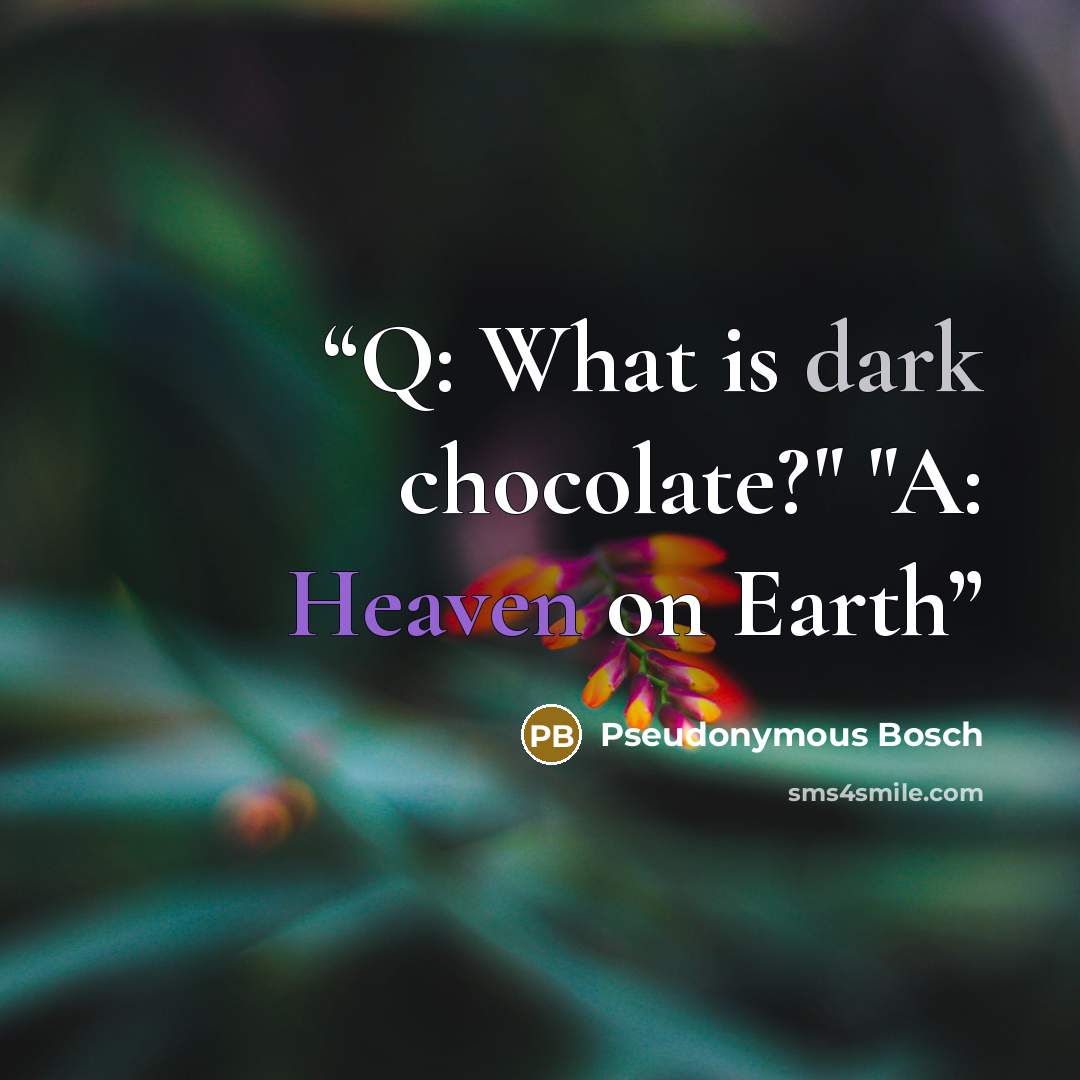 “Q: What is dark chocolate?" "A: Heaven on Earth” quote by Pseudonymous Bosch