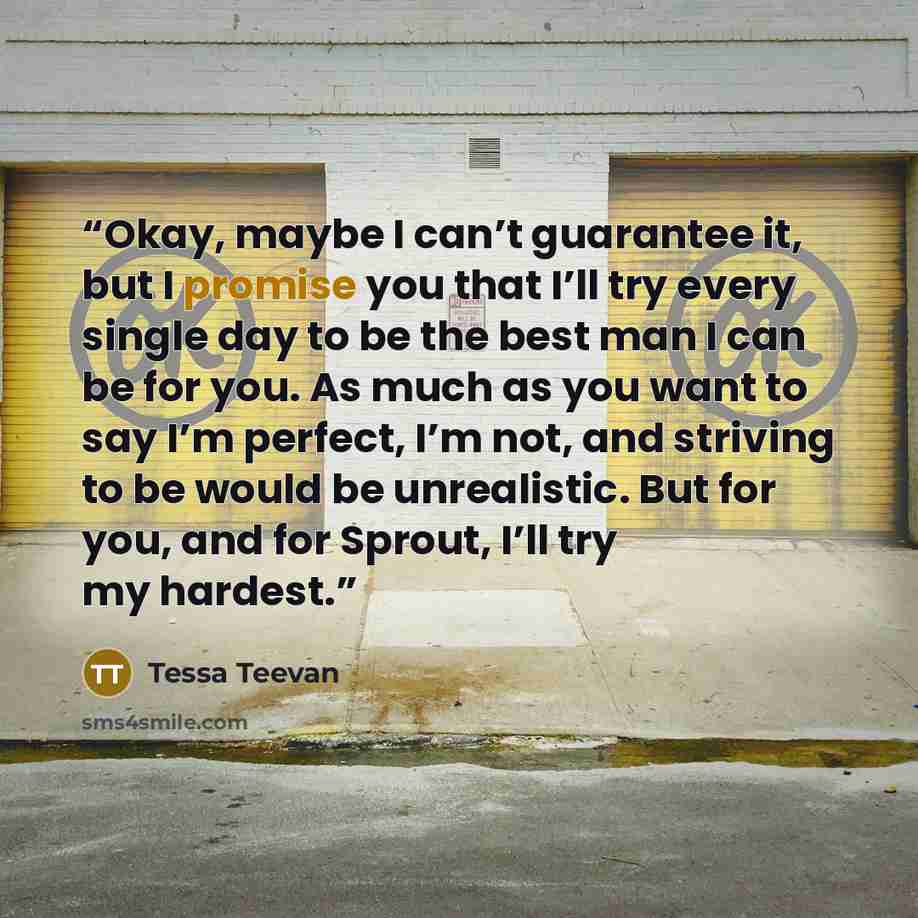 “Okay, maybe I can’t guarantee it, but I promise you that I’ll try every single day to be the best man I can be for you. As much as you want to say I’m perfect, I’m not, and striving to be would be unrealistic. But for you, and for Sprout, I’ll try my hardest.” quote by Tessa Teevan