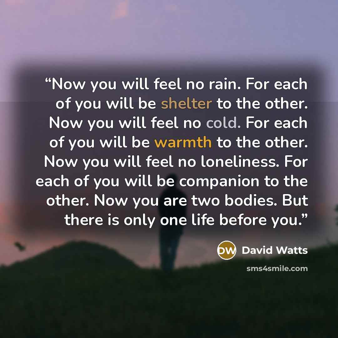 “Now you will feel no rain. For each of you will be shelter to the other. Now you will feel no cold. For each of you will be warmth to the other. Now you will feel no loneliness. For each of you will be companion to the other. Now you are two bodies. But there is only one life before you.” quote by David Watts