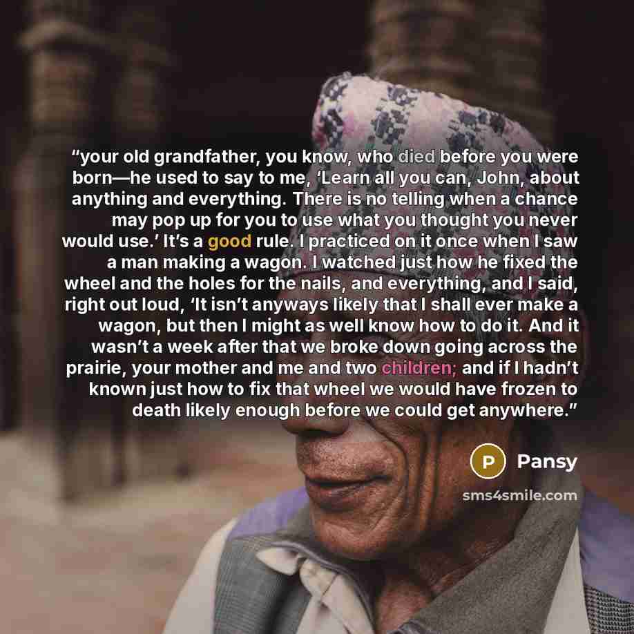 “your old grandfather, you know, who died before you were born—he used to say to me, ‘Learn all you can, John, about anything and everything. There is no telling when a chance may pop up for you to use what you thought you never would use.’ It’s a good rule. I practiced on it once when I saw a man…” quote by Pansy
