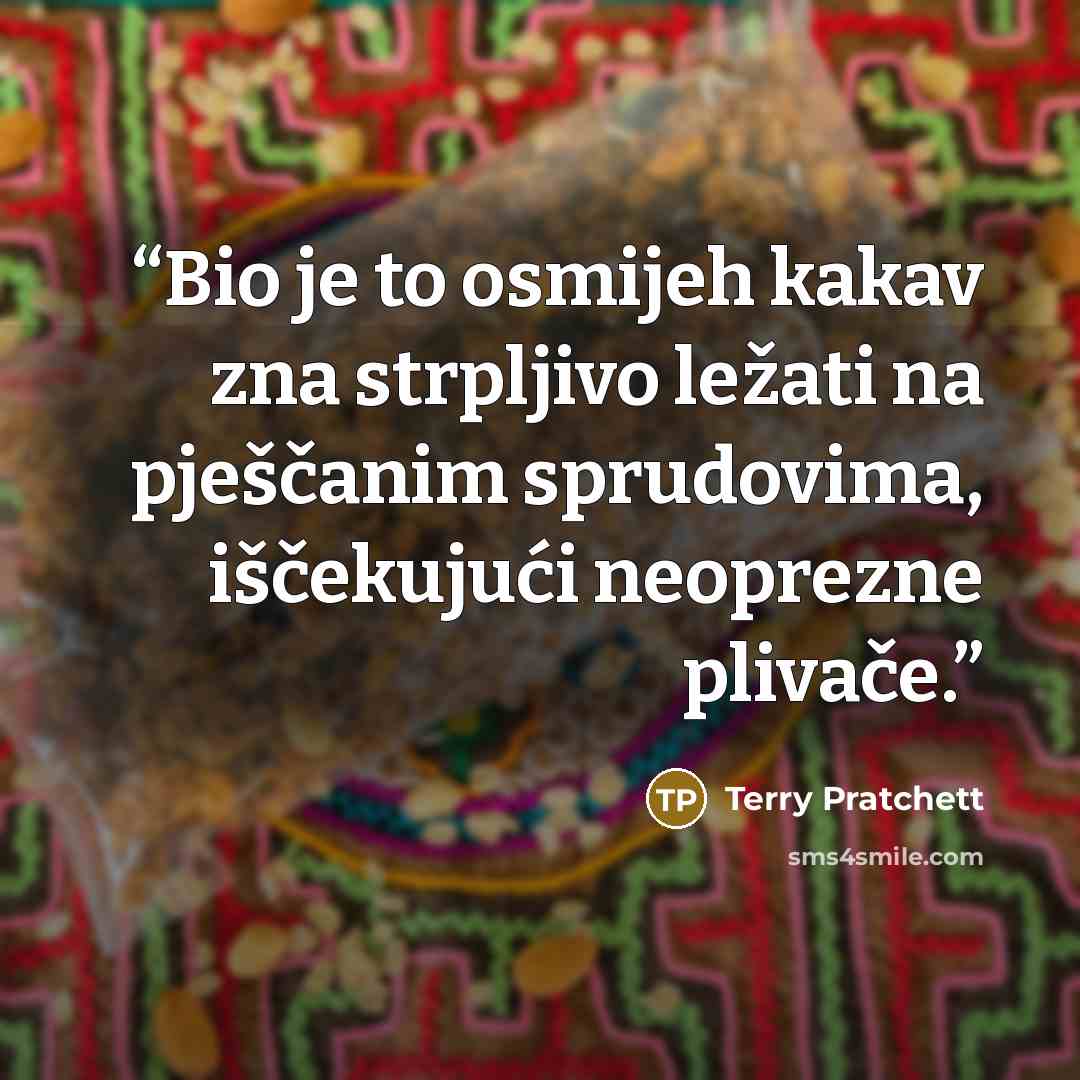 “Bio je to osmijeh kakav zna strpljivo ležati na pješčanim sprudovima, iščekujući neoprezne plivače.” quote by Terry Pratchett