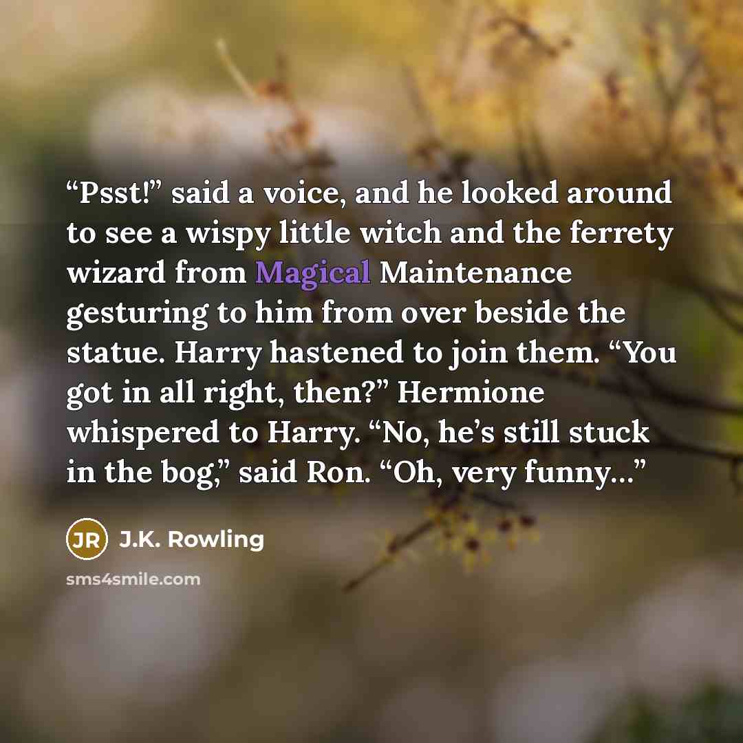 “Psst!” said a voice, and he looked around to see a wispy little witch and the ferrety wizard from Magical Maintenance gesturing to him from over beside the statue. Harry hastened to join them. “You got in all right, then?” Hermione whispered to Harry. “No, he’s still stuck in the bog,” said Ron…” quote by J.K. Rowling