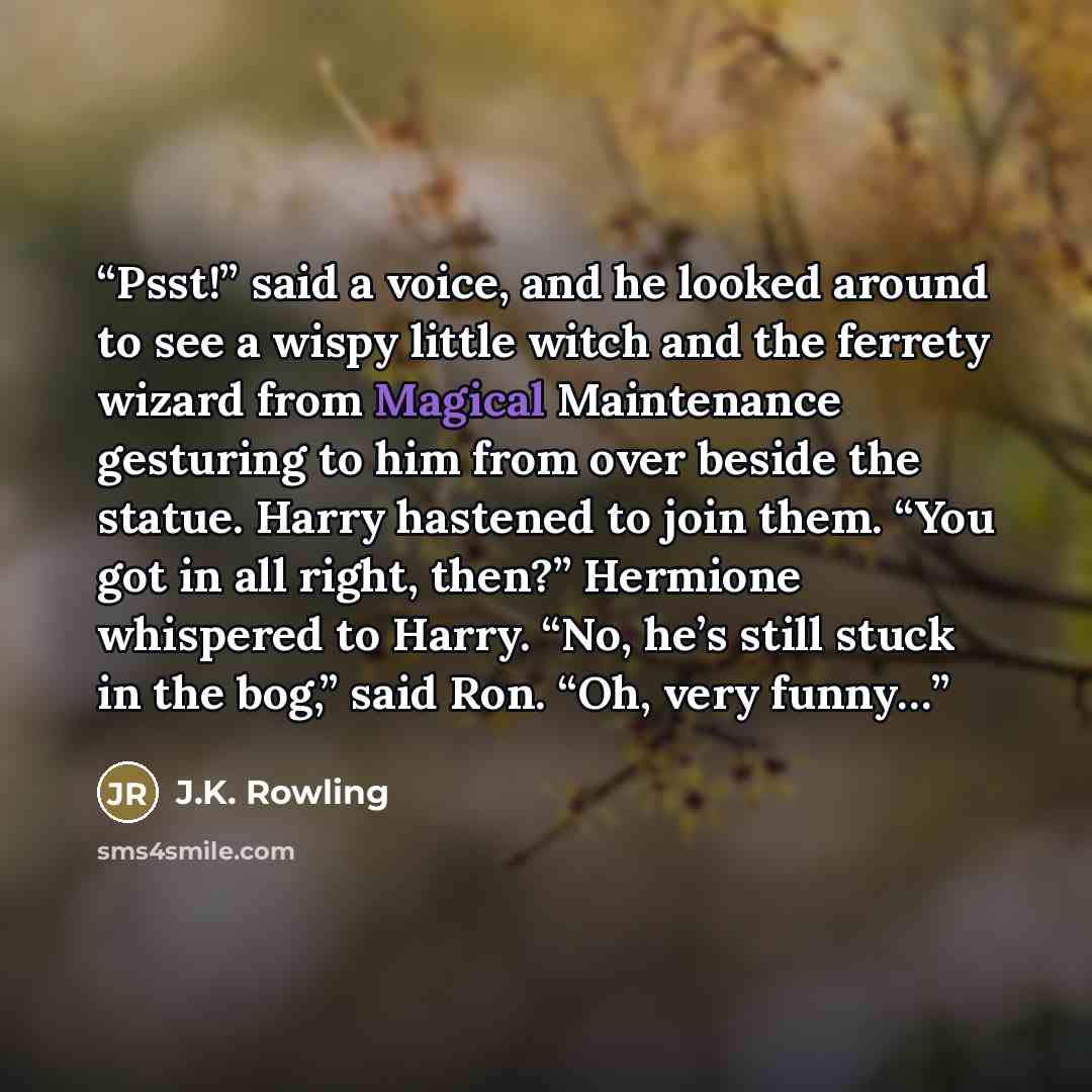 “Psst!” said a voice, and he looked around to see a wispy little witch and the ferrety wizard from Magical Maintenance gesturing to him from over beside the statue. Harry hastened to join them. “You got in all right, then?” Hermione whispered to Harry. “No, he’s still stuck in the bog,” said Ron…” quote by J.K. Rowling