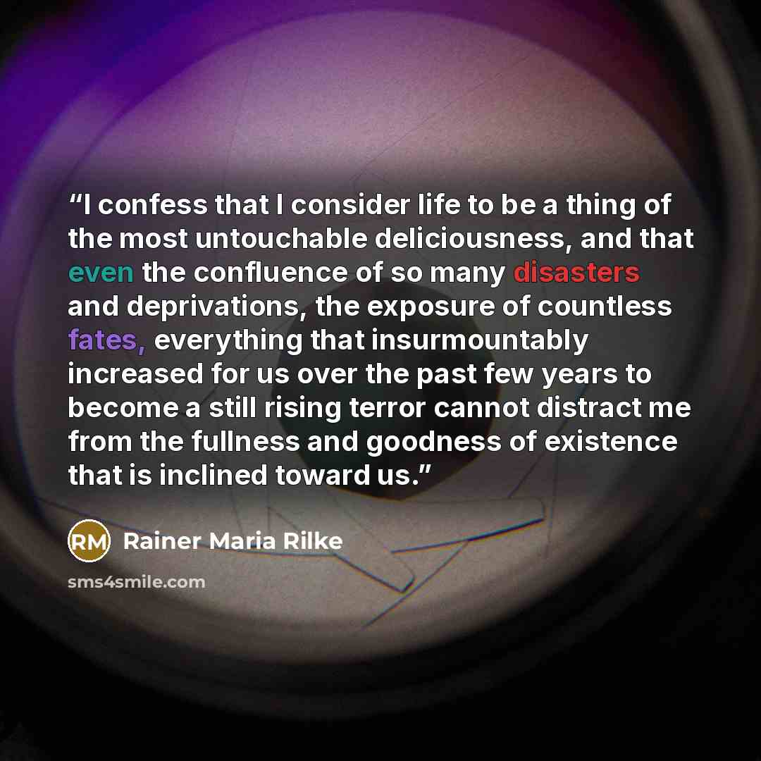 “I confess that I consider life to be a thing of the most untouchable deliciousness, and that even the confluence of so many disasters and deprivations, the exposure of countless fates, everything that insurmountably increased for us over the past few years to become a still rising terror cannot…” quote by Rainer Maria Rilke