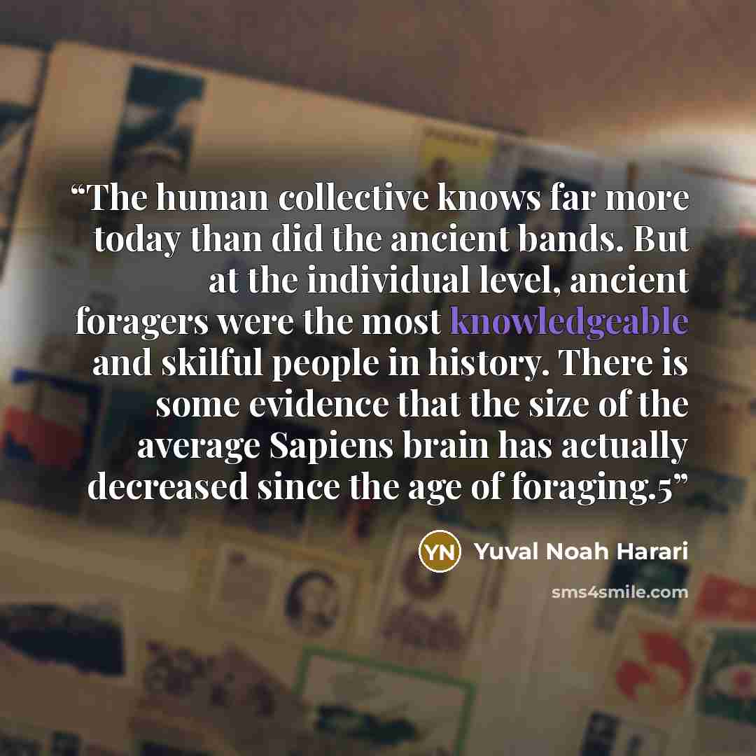 “The human collective knows far more today than did the ancient bands. But at the individual level, ancient foragers were the most knowledgeable and skilful people in history. There is some evidence that the size of the average Sapiens brain has actually decreased since the age of foraging.5” quote by Yuval Noah Harari