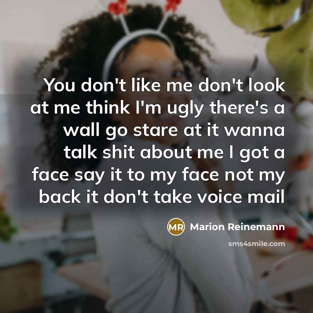 “You don't like me don't look at me think I'm ugly there's a wall go stare at it wanna talk shit about me I got a face say it to my face not my back it don't take voice mail” quote by Marion Reinemann