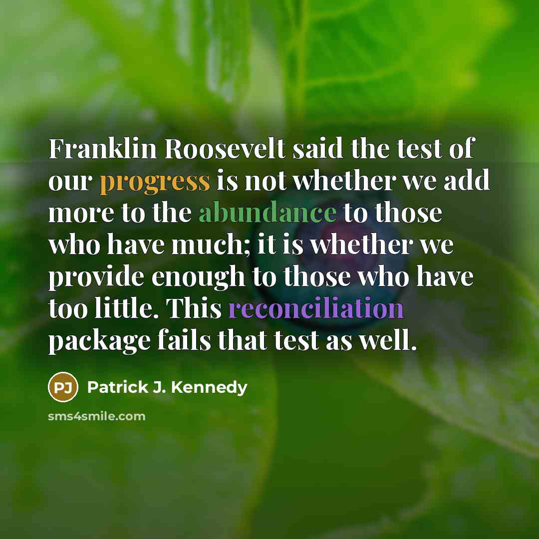 “Franklin Roosevelt said the test of our progress is not…” quote by Patrick J. Kennedy