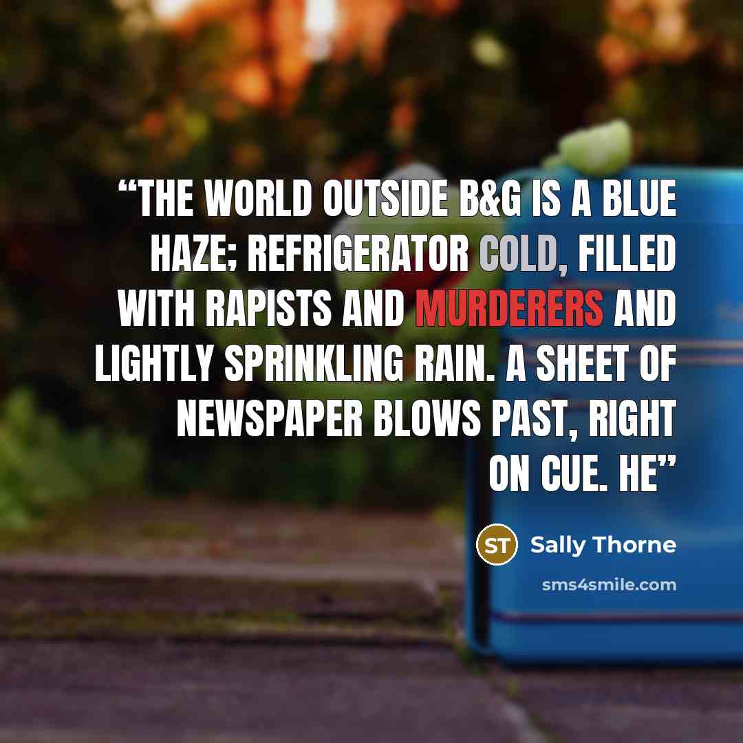 “The world outside B&G is a blue haze; refrigerator cold, filled with rapists and murderers and lightly sprinkling rain. A sheet of newspaper blows past, right on cue. He” quote by Sally Thorne