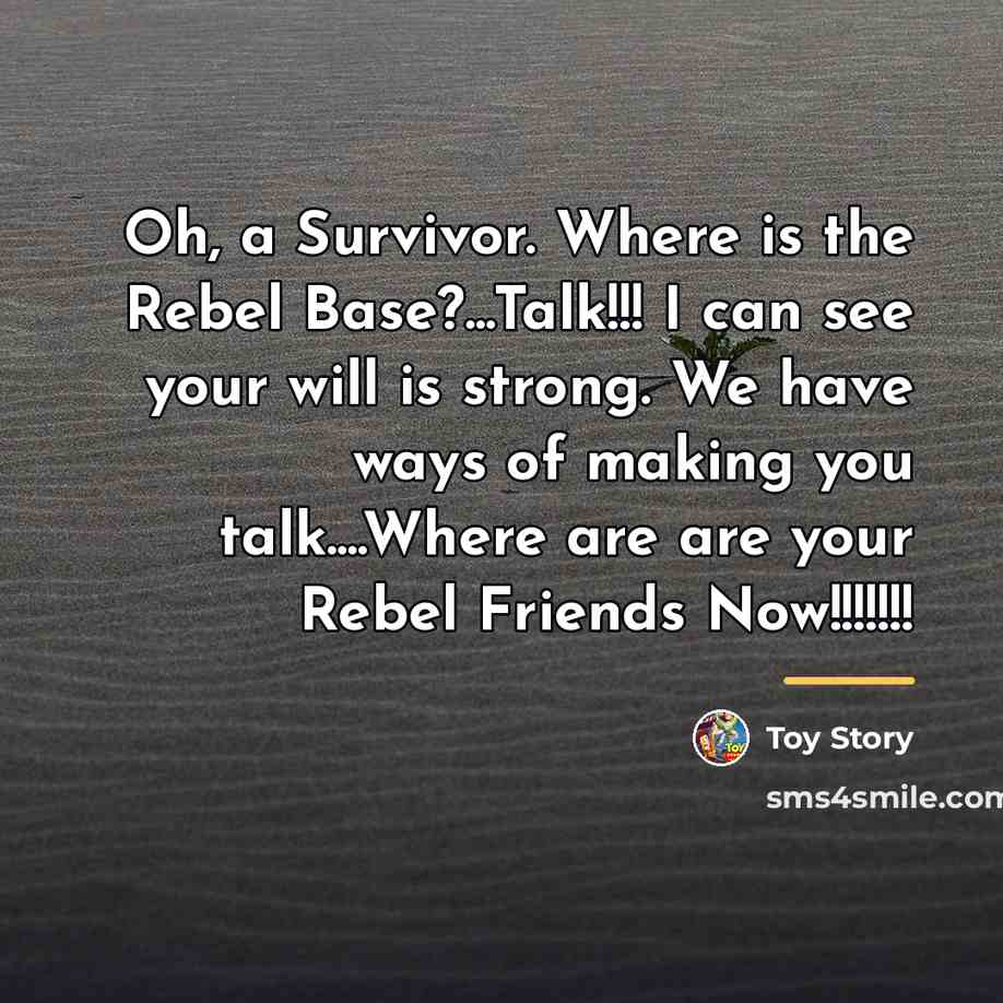 “Oh, a Survivor. Where is the Rebel Base?...Talk!!! I can…” quote by Toy Story