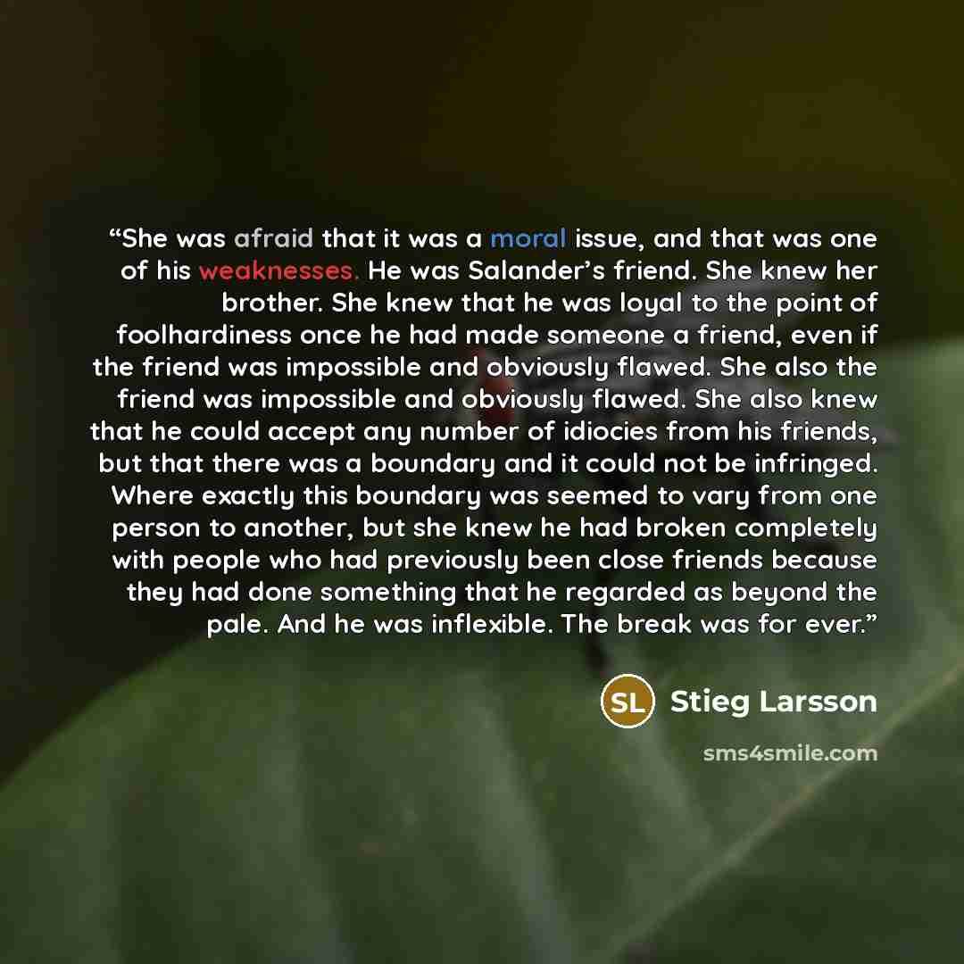 “She was afraid that it was a moral issue, and that was one of his weaknesses. He was Salander’s friend. She knew her brother. She knew that he was loyal to the point of foolhardiness once he had made someone a friend, even if the friend was impossible and obviously flawed. She also the friend was…” quote by Stieg Larsson