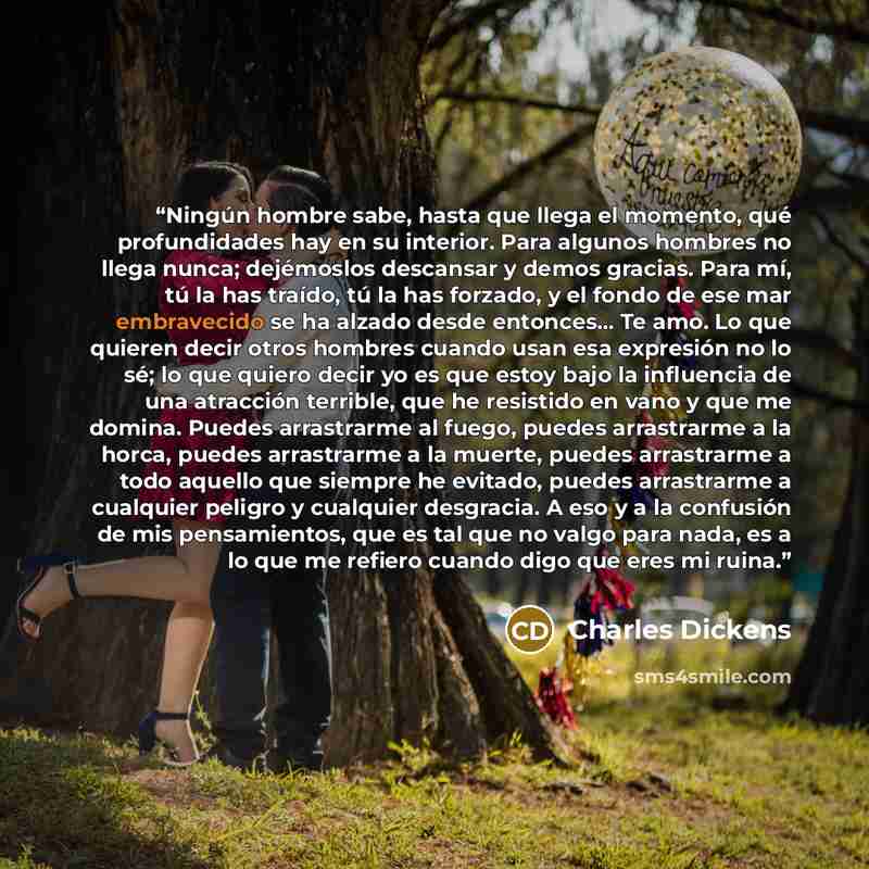 “Ningún hombre sabe, hasta que llega el momento, qué profundidades hay en su interior. Para algunos hombres no llega nunca; dejémoslos descansar y demos gracias. Para mí, tú la has traído, tú la has forzado, y el fondo de ese mar embravecido se ha alzado desde entonces... Te amo. Lo que quieren…” quote by Charles Dickens