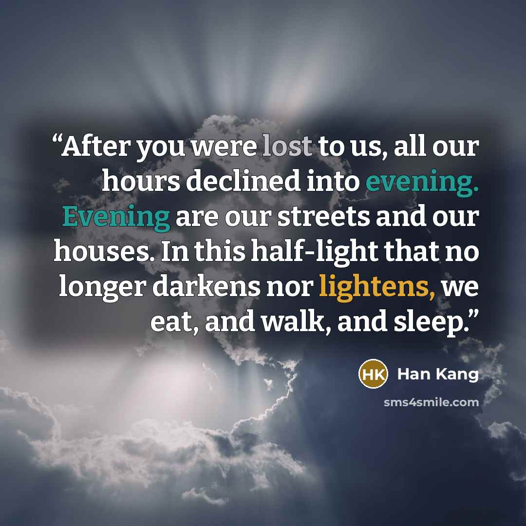 “After you were lost to us, all our hours declined into evening. Evening are our streets and our houses. In this half-light that no longer darkens nor lightens, we eat, and walk, and sleep.” quote by Han Kang