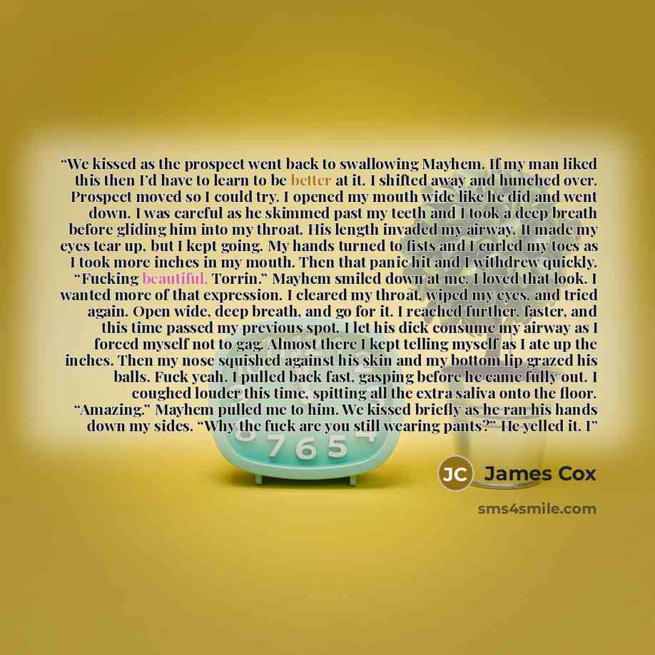 “We kissed as the prospect went back to swallowing Mayhem. If my man liked this then I’d have to learn to be better at it. I shifted away and hunched over. Prospect moved so I could try. I opened my mouth wide like he did and went down. I was careful as he skimmed past my teeth and I took a deep…” quote by James Cox