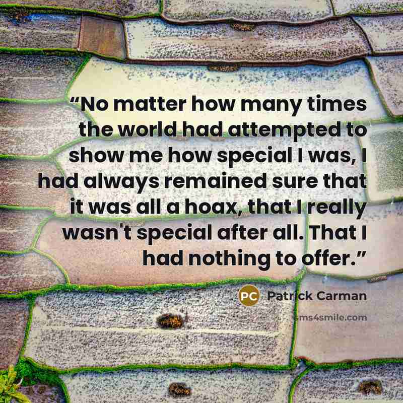 “No matter how many times the world had attempted to show me how special I was, I had always remained sure that it was all a hoax, that I really wasn't special after all. That I had nothing to offer.” quote by Patrick Carman