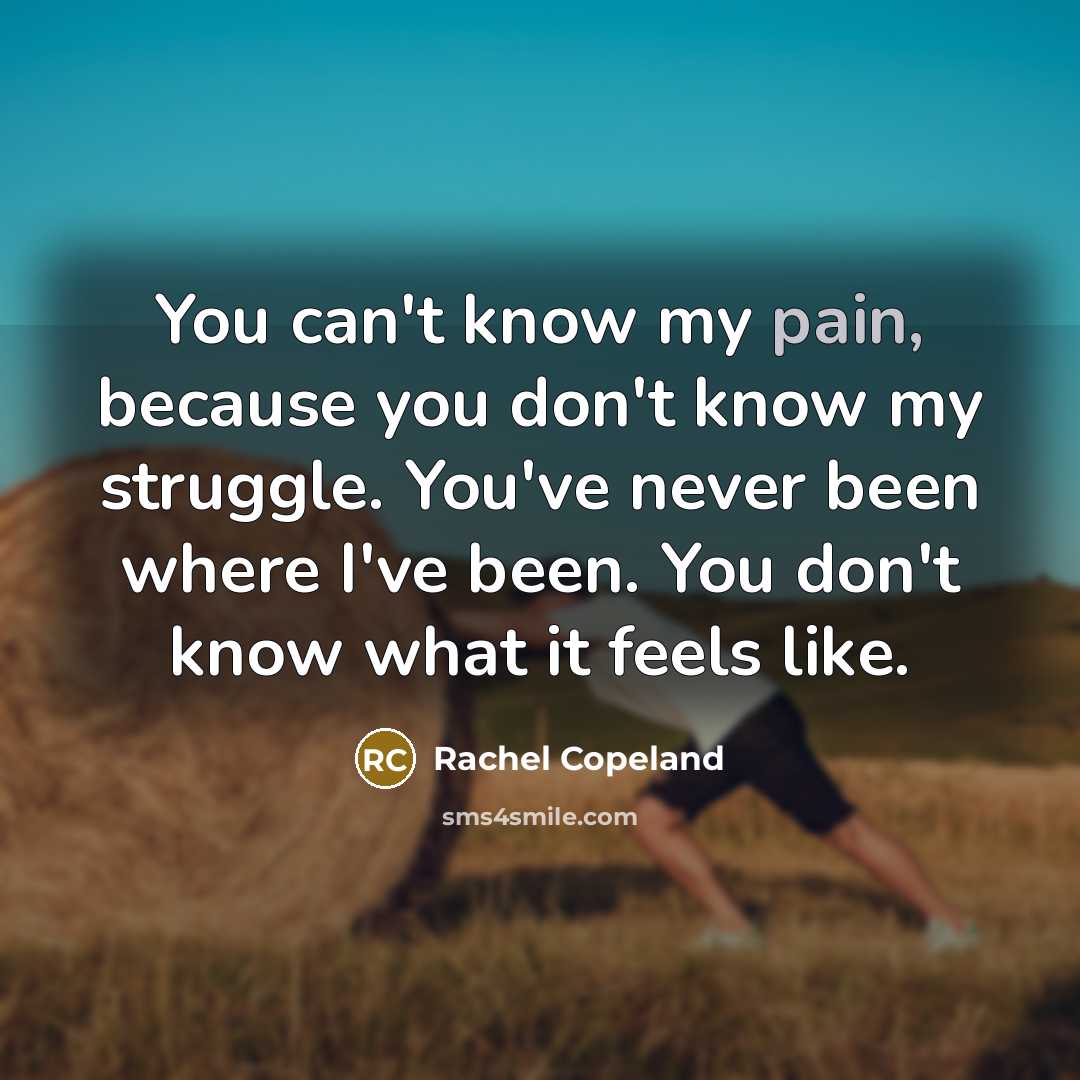 “You can't know my pain, because you don't know my struggle. You've never been where I've been. You don't know what it feels like.” quote by Rachel Copeland