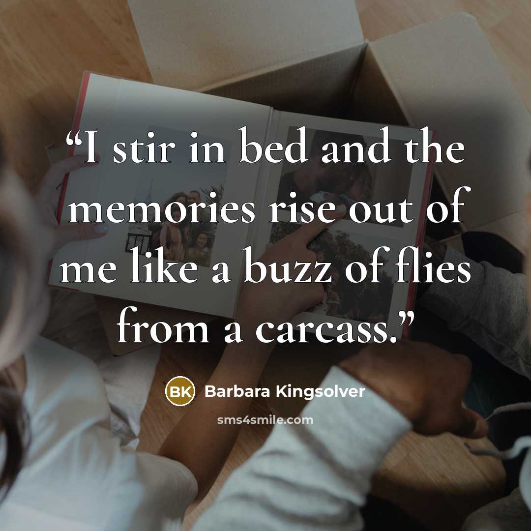 “I stir in bed and the memories rise out of me like a buzz of flies from a carcass.” quote by Barbara Kingsolver