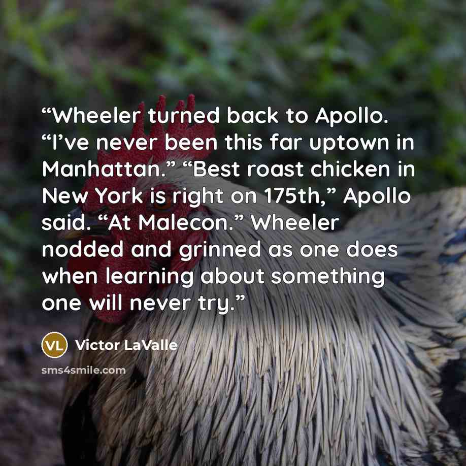 “Wheeler turned back to Apollo. “I’ve never been this far uptown in Manhattan.” “Best roast chicken in New York is right on 175th,” Apollo said. “At Malecon.” Wheeler nodded and grinned as one does when learning about something one will never try.” quote by Victor LaValle