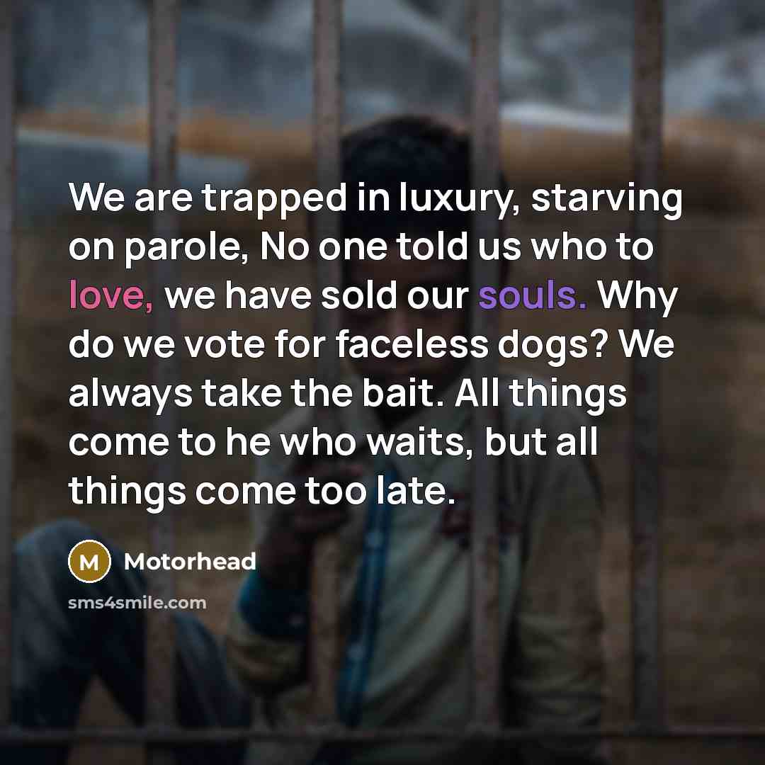 “We are trapped in luxury, starving on parole, No one…” quote by Motorhead