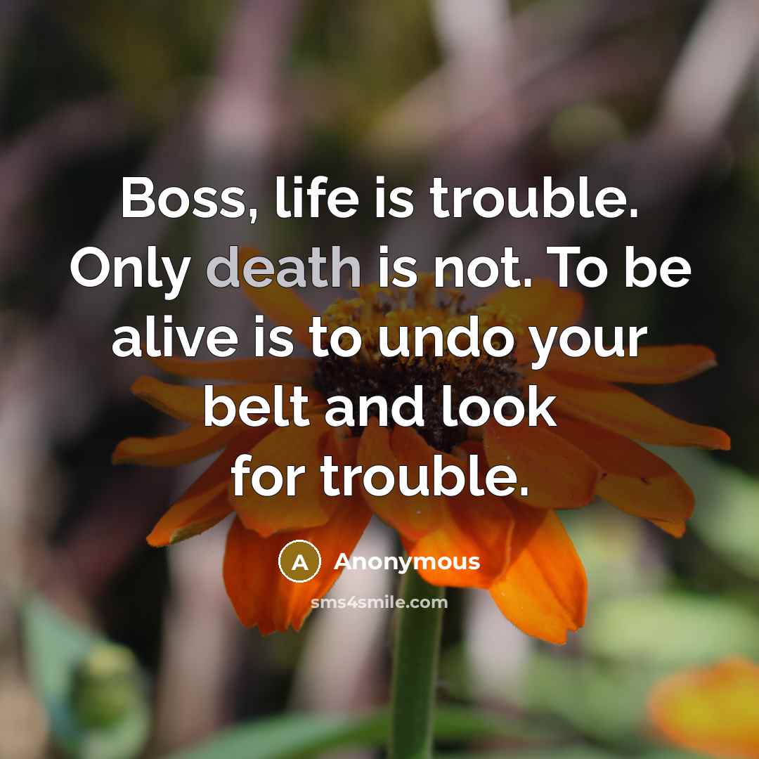 “Boss, life is trouble. Only death is not. To be alive is to undo your belt and look for trouble.” quote by Anonymous