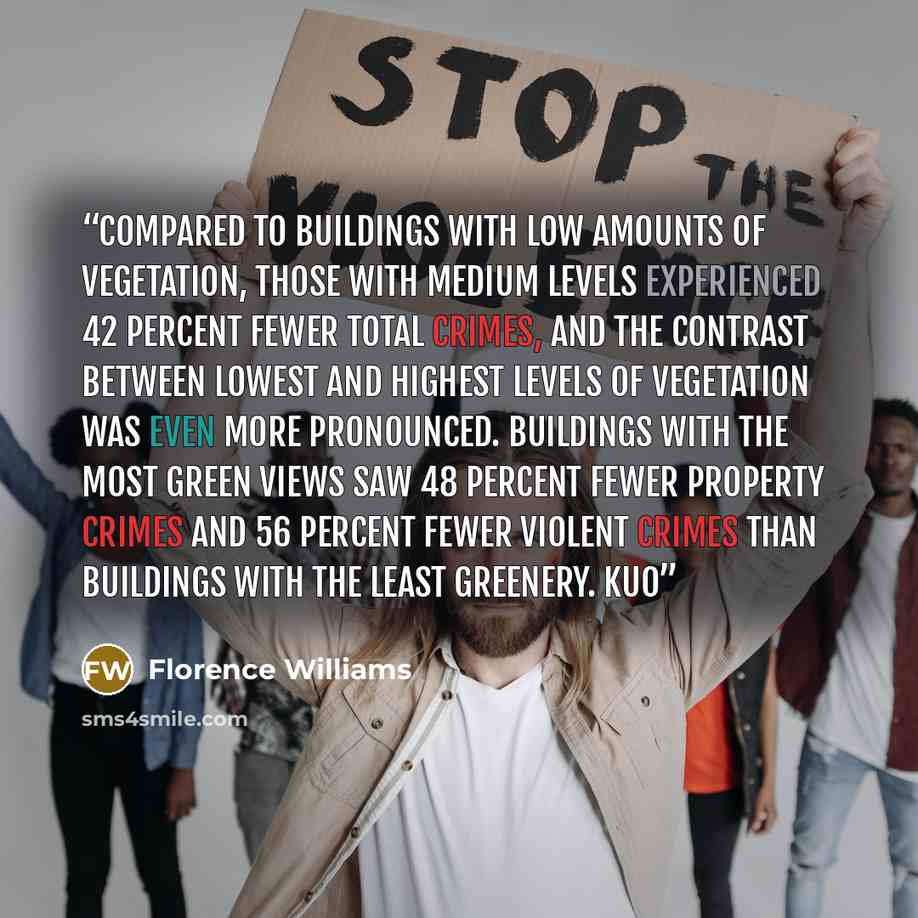 “Compared to buildings with low amounts of vegetation, those with medium levels experienced 42 percent fewer total crimes, and the contrast between lowest and highest levels of vegetation was even more pronounced. Buildings with the most green views saw 48 percent fewer property crimes and 56…” quote by Florence Williams