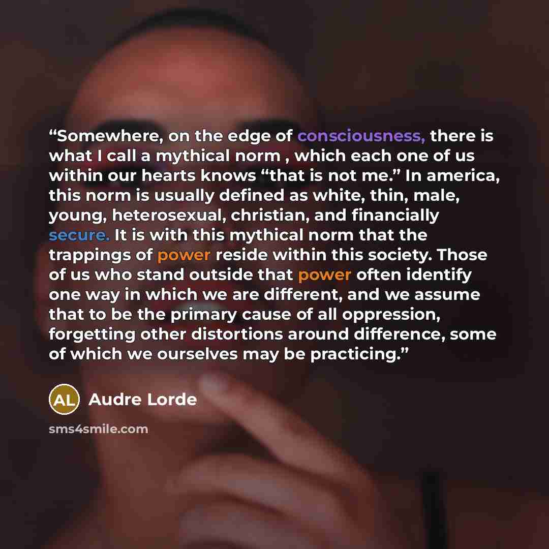 “Somewhere, on the edge of consciousness, there is what I call a mythical norm , which each one of us within our hearts knows “that is not me.” In america, this norm is usually defined as white, thin, male, young, heterosexual, christian, and financially secure. It is with this mythical norm that…” quote by Audre Lorde