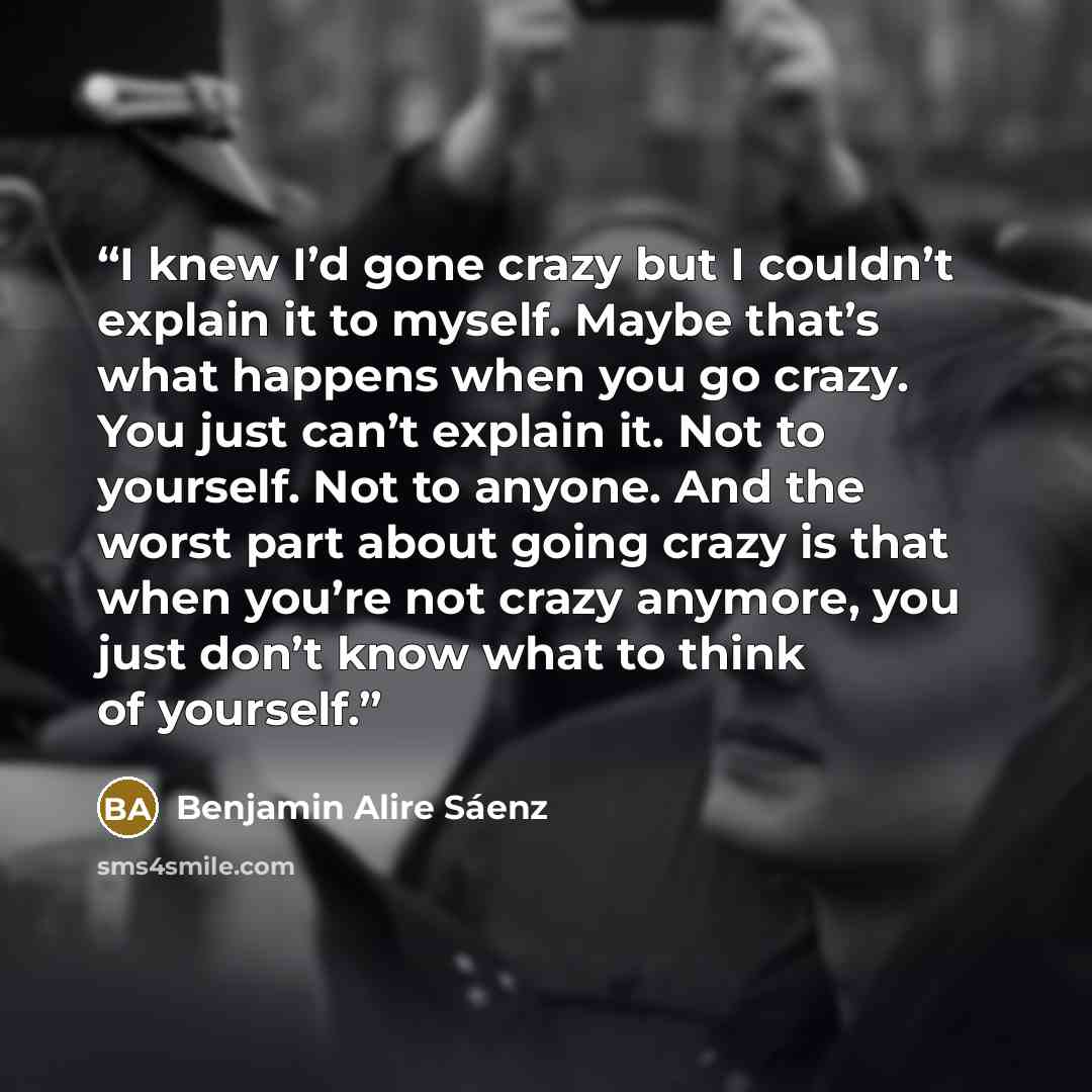 “I knew I’d gone crazy but I couldn’t explain it to myself. Maybe that’s what happens when you go crazy. You just can’t explain it. Not to yourself. Not to anyone. And the worst part about going crazy is that when you’re not crazy anymore, you just don’t know what to think of yourself.” quote by Benjamin Alire Sáenz