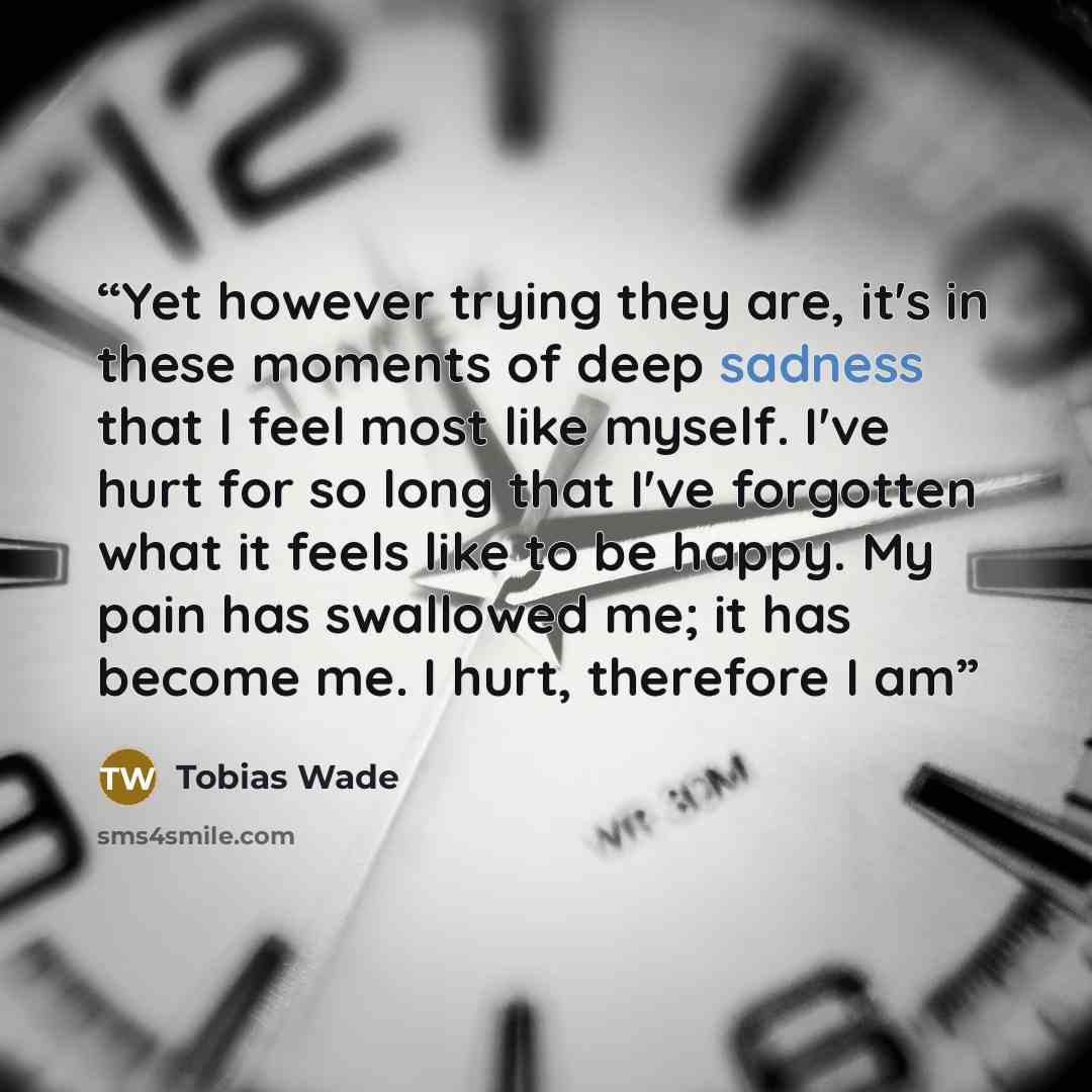 “Yet however trying they are, it's in these moments of deep sadness that I feel most like myself. I've hurt for so long that I've forgotten what it feels like to be happy. My pain has swallowed me; it has become me. I hurt, therefore I am” quote by Tobias Wade