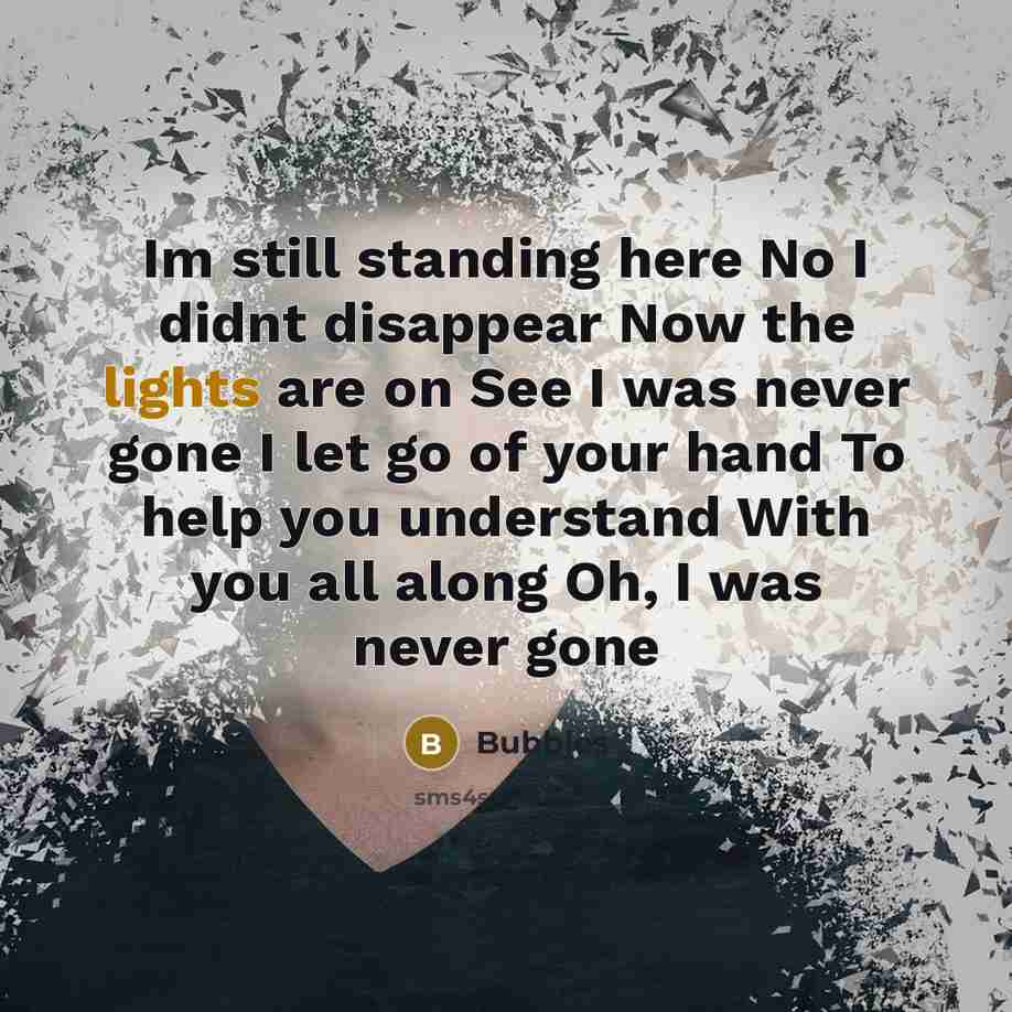 “Im still standing here No I didnt disappear Now the lights are on See I was never gone I let go of your hand To help you understand With you all along Oh, I was never gone” quote by Bubbles