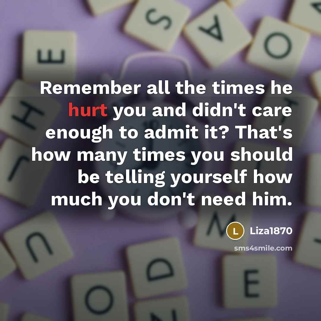 “Remember all the times he hurt you and didn't care enough to admit it? That's how many times you should be telling yourself how much you don't need him.” quote by Liza1870